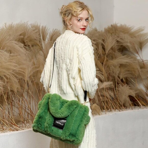 ✨Herald Women Green Tote Bag Soft Fluffy Fuzzy Furry Plush Handle Purse Handbag - Picture 7 of 8